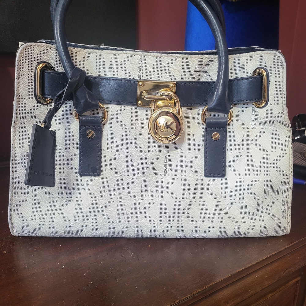 Michael Kors Blue and White Satchel with Gold Hardware